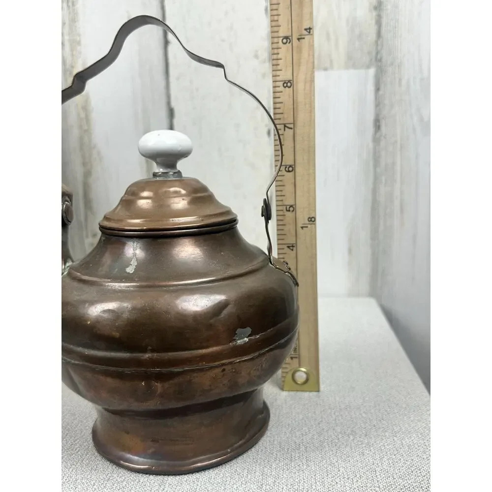 Folk Art‎ COPPER Tea Pot Kettle Patina Vintage Hand Made Porcelain Knob